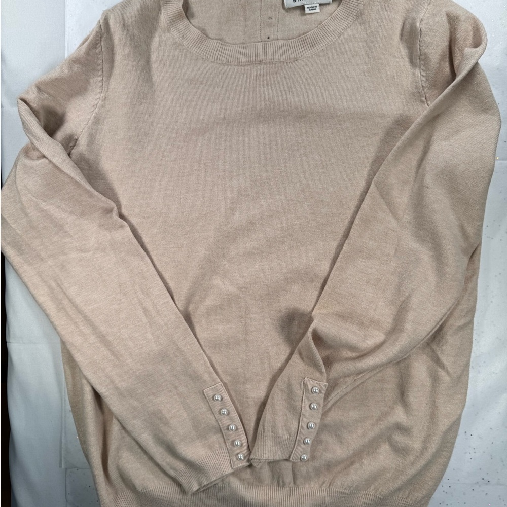 Molly Bracken Beige Crewneck Sweater with pearl button cuff detail